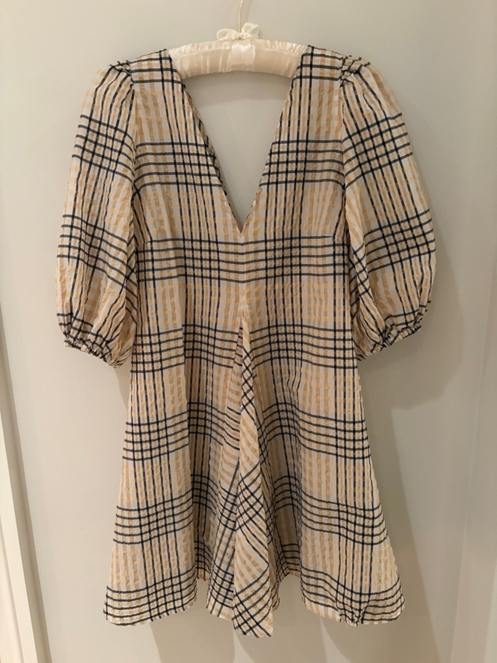 GANNI SEERSUCKER CHECK MINI DRESS IN IVORY SIZE EU 38. US 8 - Picture 6 of 12
